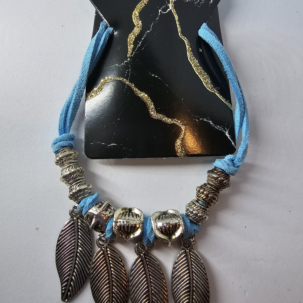 Silver Leaf Charm Bracelet with Blue Cord